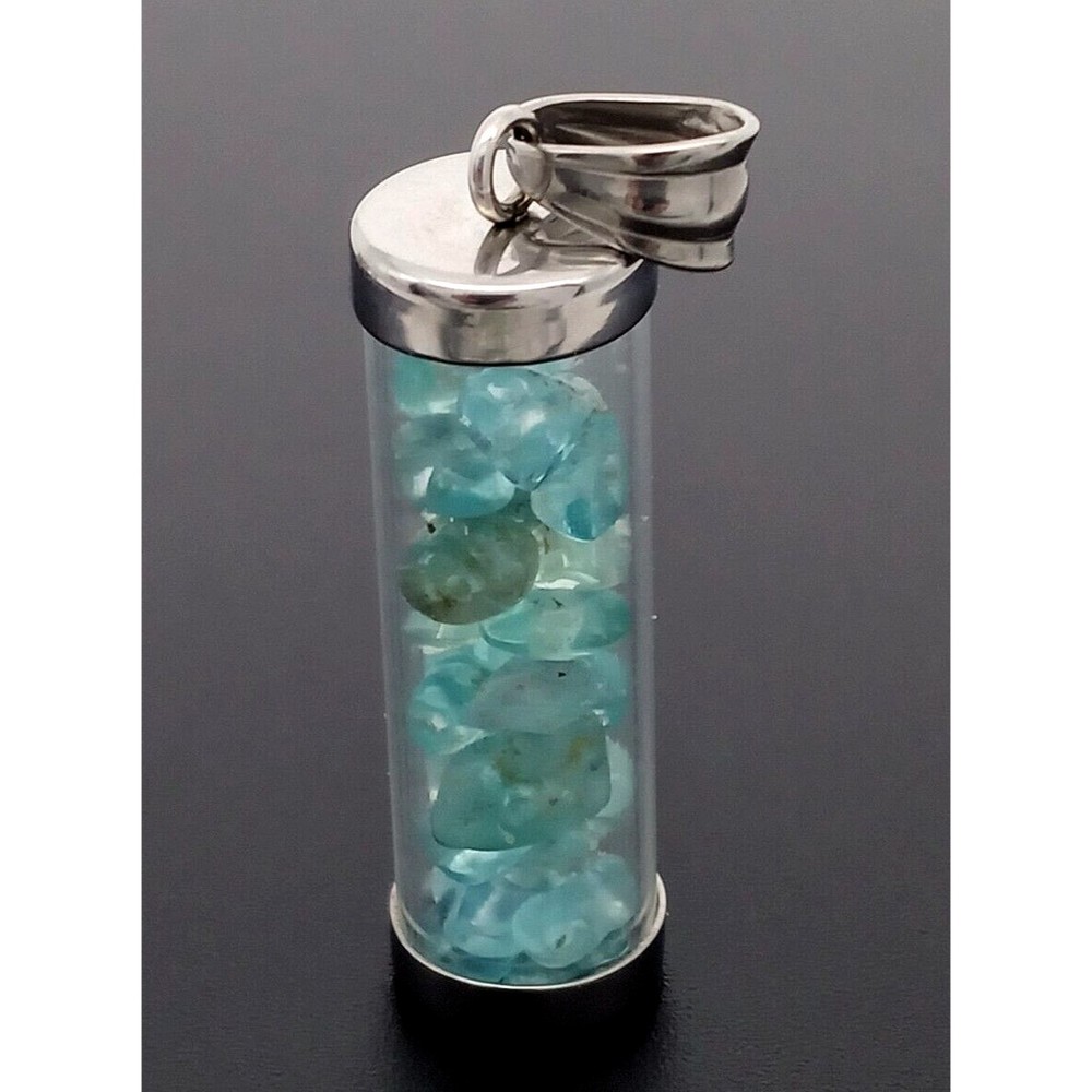 Aqua Blue Green Gemstone Chip Nugget Vial Pendant Stainless Steel Silver 316L